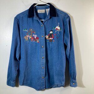 Womens Vintage Casey & Max Denim Christmas Embroidered Button Shirt Blue S